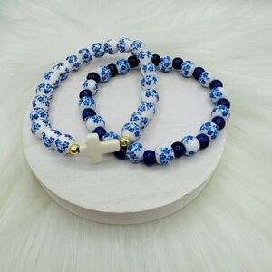 Ceramic Floral mix Beaded & Cross Stretch Bracelet Duo